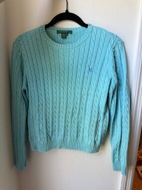 Ralph Lauren Petite Cable Knit Sweater in Aqua Blue